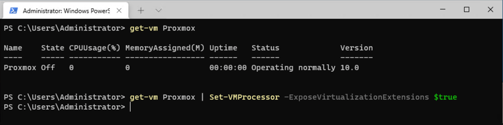 get-vm Proxmox | Set-VMProcessor -ExposeVirtualizationExtensions $true